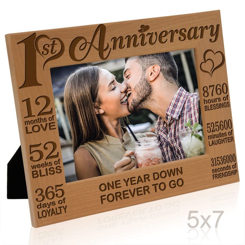 KATE POSH - Our 1st Anniversary Picture Frame - 12 Months Engraved Natural Wood Photo Frame - First (1st), Paper, 1 Year as Husband and Wife (5x7-Horizontal) - Image 4